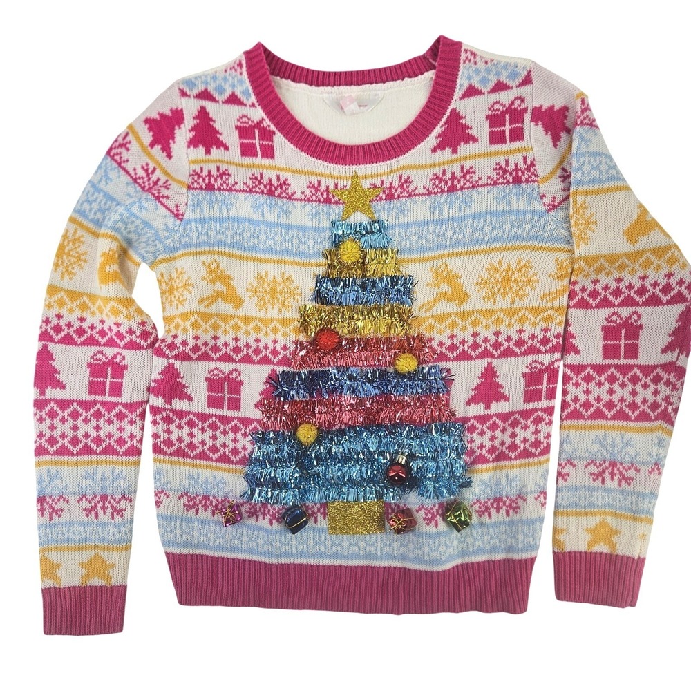 No Boundries Juniors Christmas‎ Tree Holiday Ugly Sweater Size M 7/9 Tinsel 3D